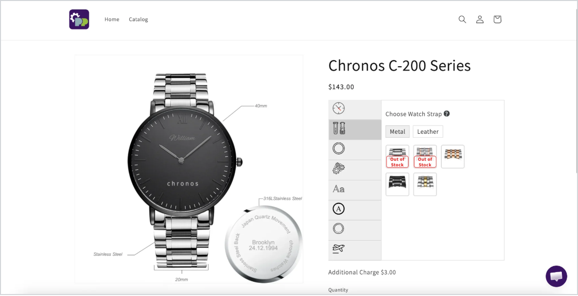 Shopify product page running a configurator app: a watch builder with strap material and style options beside a live engraved preview