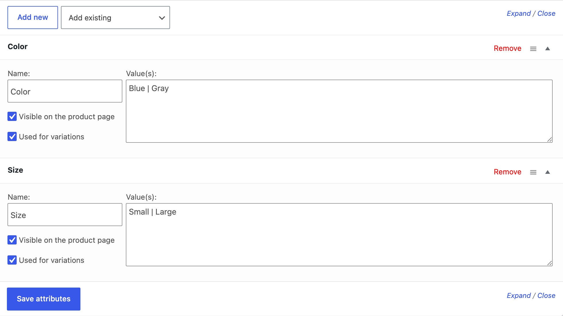 WooCommerce admin attributes panel defining Color and Size options, each marked used for variations