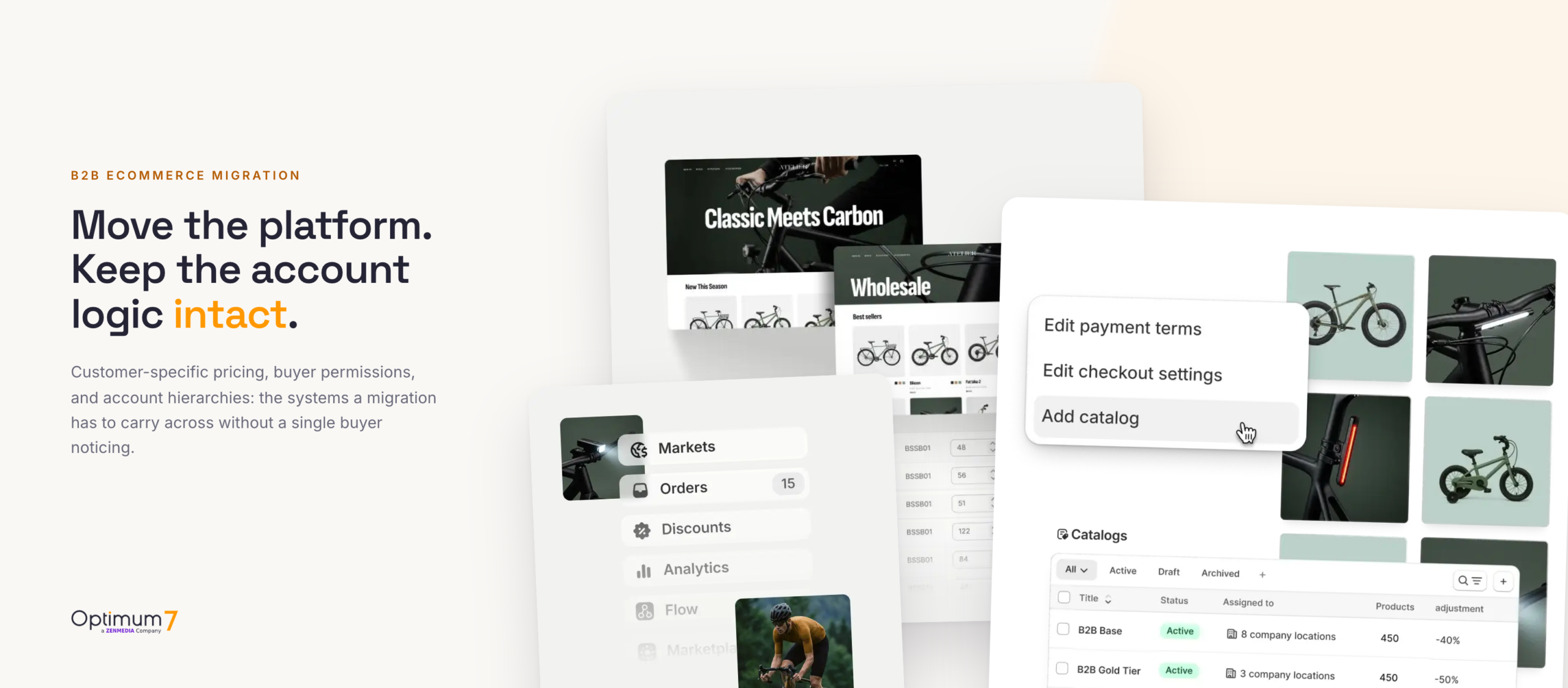 A B2B commerce admin holding several linked screens at once: a retail storefront alongside a wholesale storefront, the admin navigation, and a catalog list with per-customer price adjustments of minus 40 and minus 50 percent assigned to different company locations