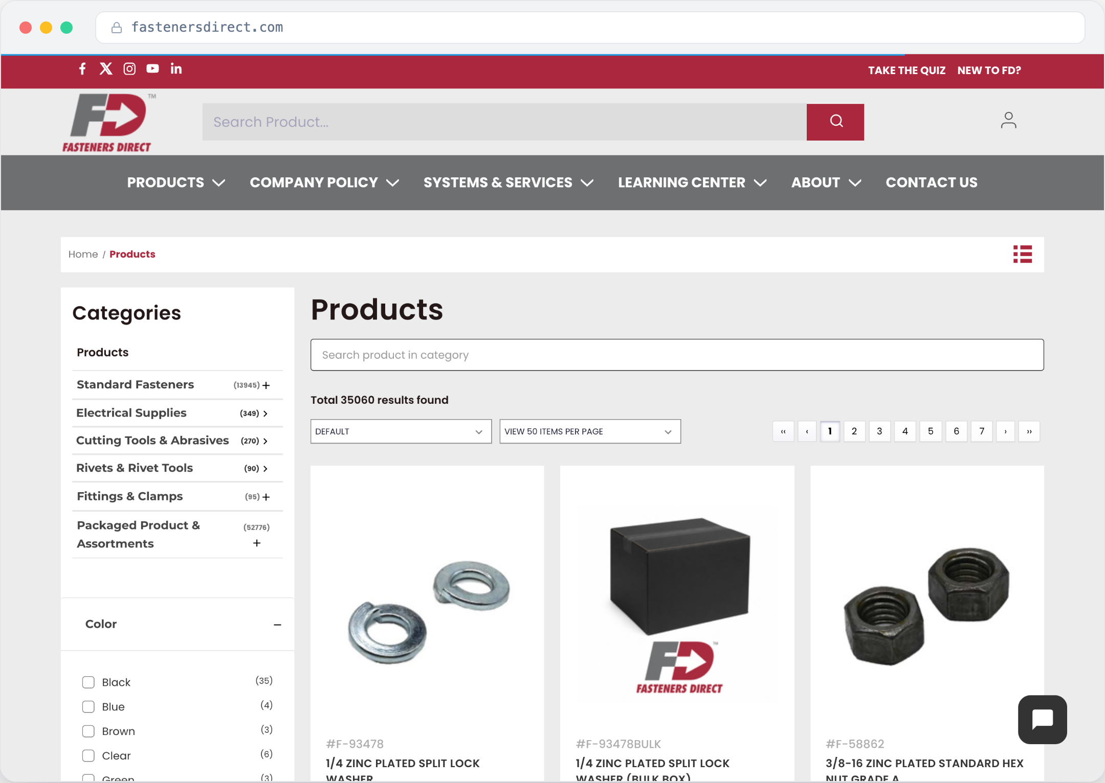 Fasteners Direct storefront in a browser window showing a category tree with product counts and faceted filters across tens of thousands of fastener SKUs after migration to BigCommerce