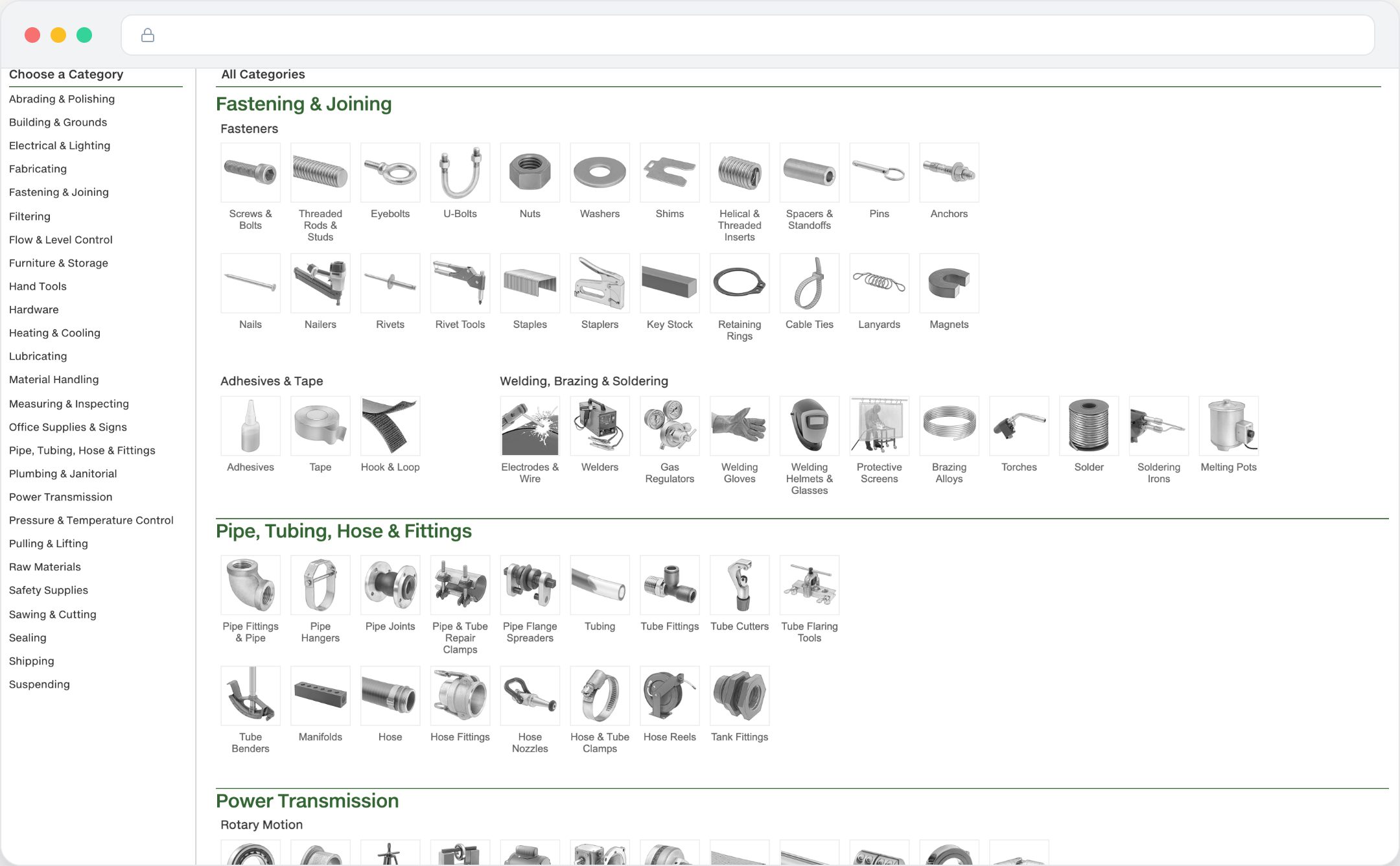 Industrial parts catalog in a browser window showing a dense category grid of fasteners, fittings, welding supplies, and power-transmission components with technical subcategories