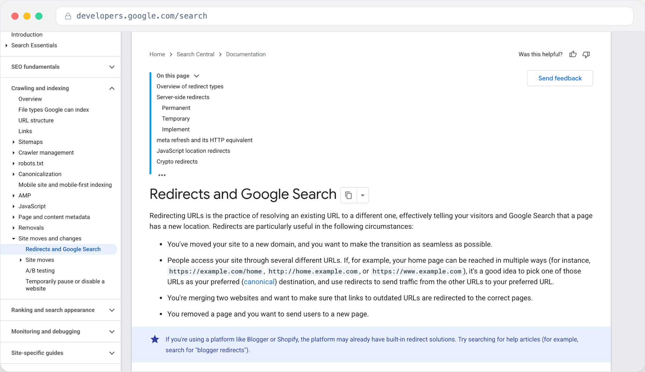 Google Search Central documentation on redirects and site moves, showing guidance on using permanent redirects when moving a site or merging URLs