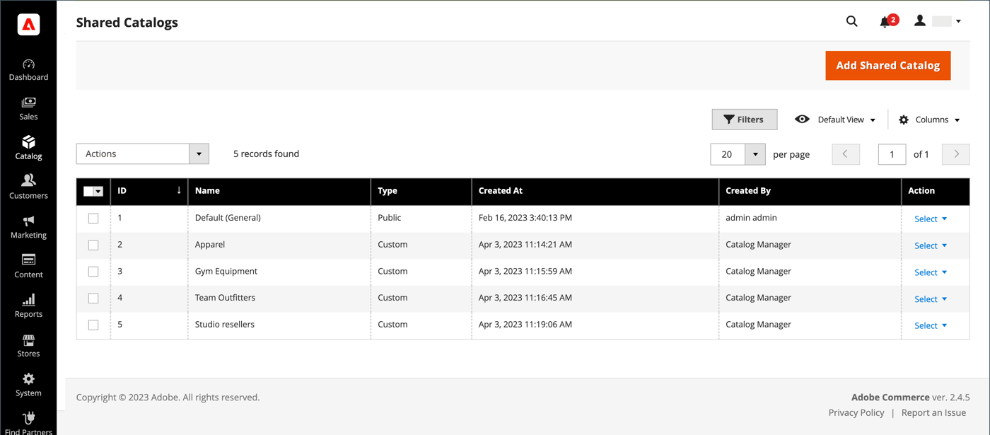 Adobe Commerce Shared Catalogs admin grid listing a public default catalog and four custom shared catalogs, each used to scope B2B pricing and product visibility to specific companies