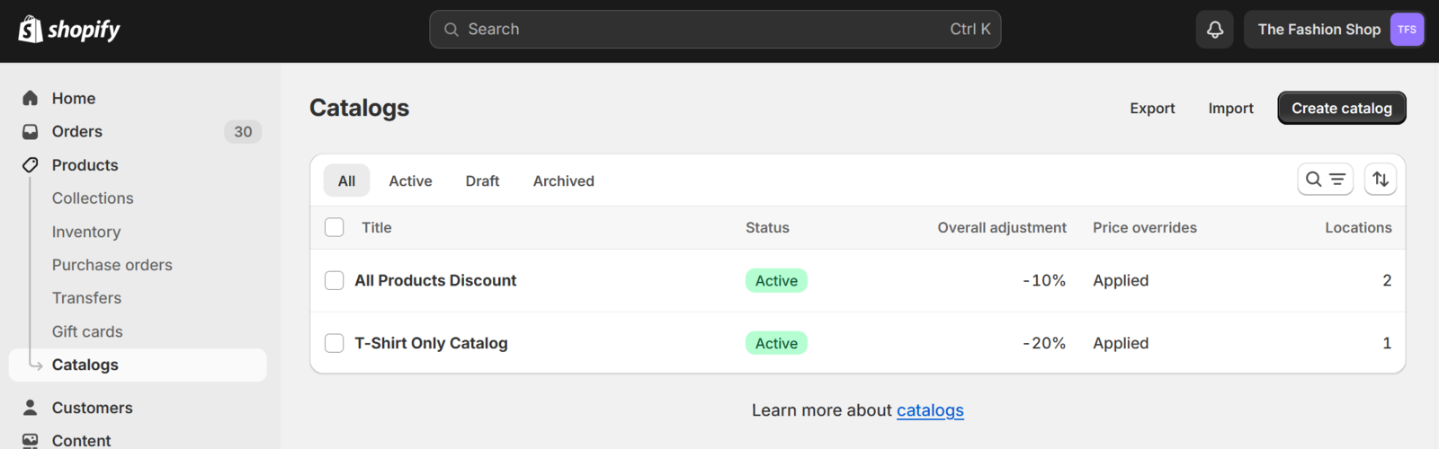 Shopify admin Catalogs list showing two B2B catalogs, an all-products discount at minus 10 percent and a t-shirt catalog at minus 20 percent, both active with price overrides applied across company locations