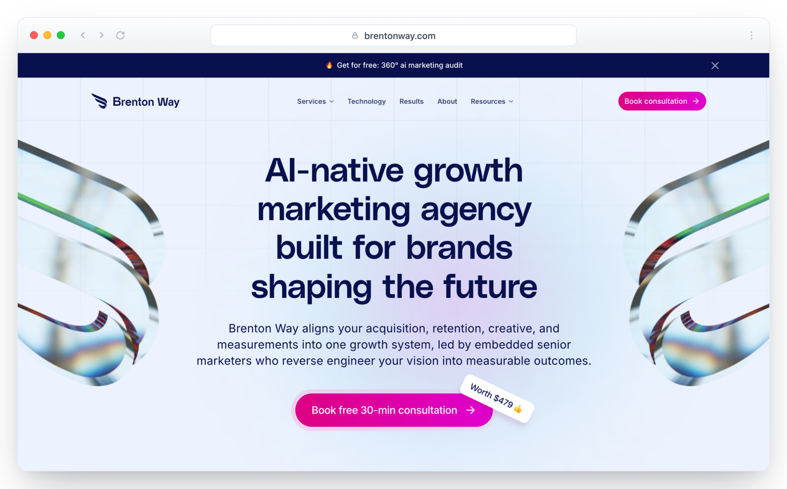 Brenton Way homepage in a browser window describing an AI-native growth marketing agency built for brands shaping the future