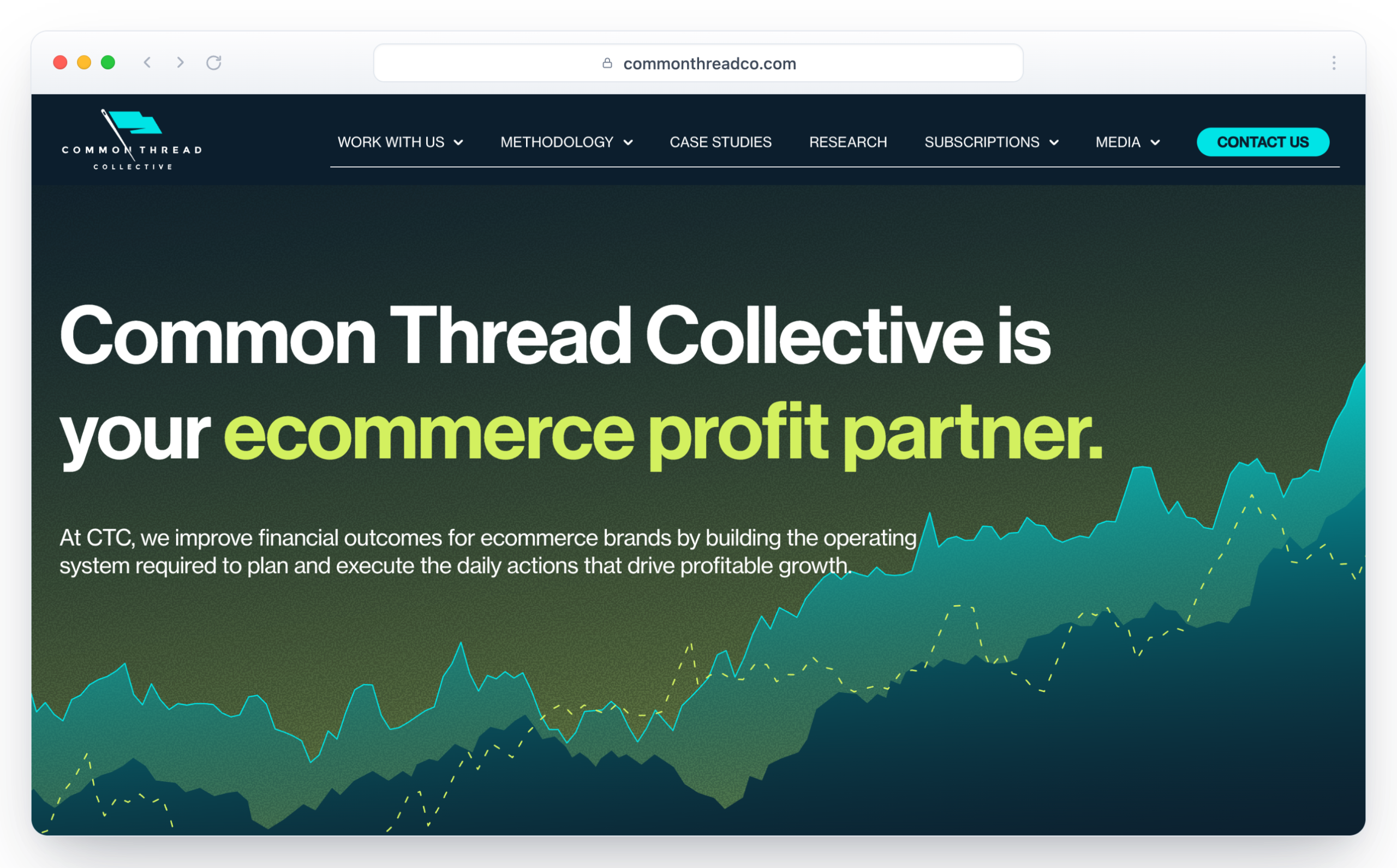 Common Thread Collective homepage in a browser window with the headline naming it your ecommerce profit partner over a rising revenue chart