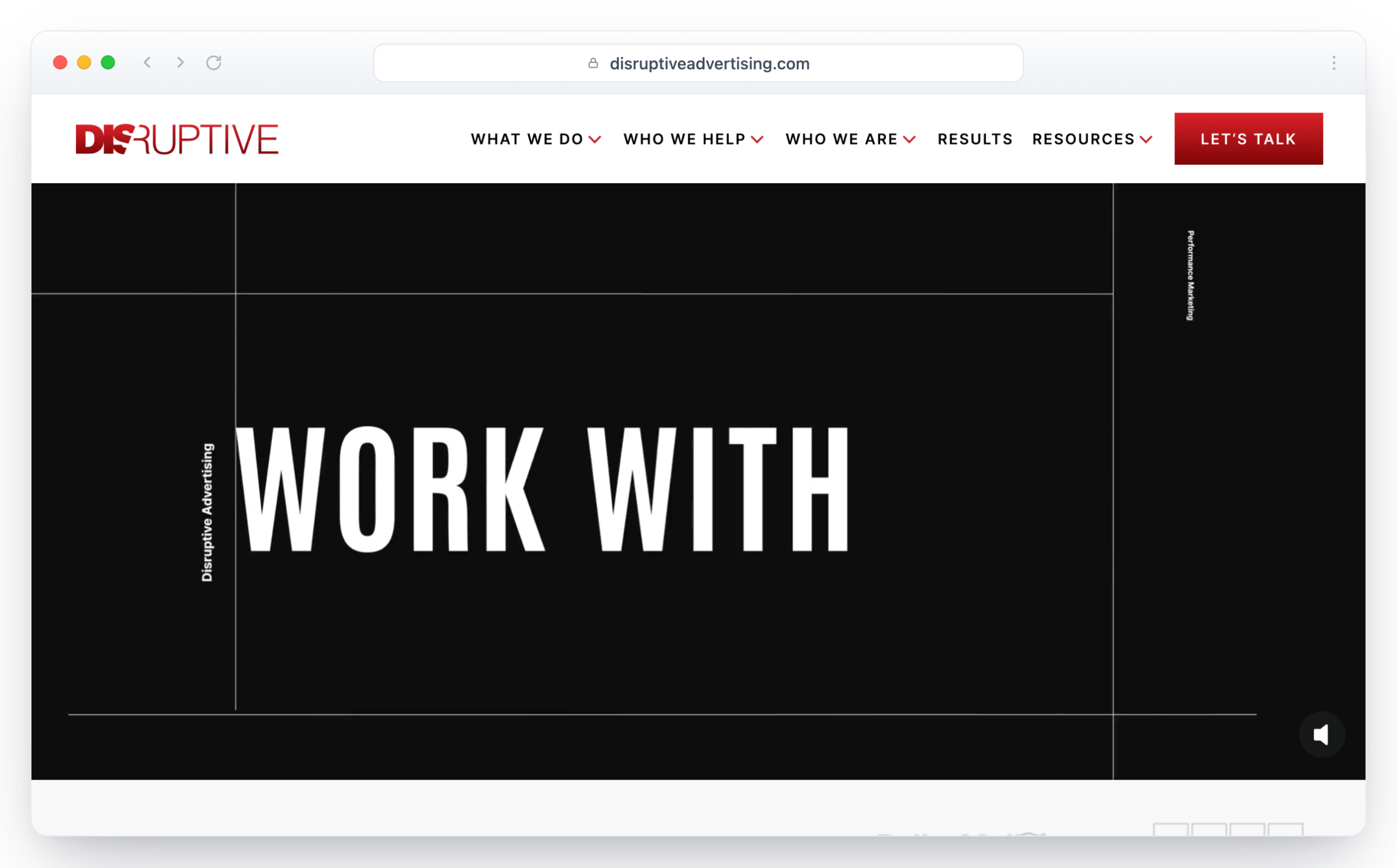 Disruptive Advertising homepage in a browser window, a minimal black hero labeled Disruptive Advertising, Performance Marketing