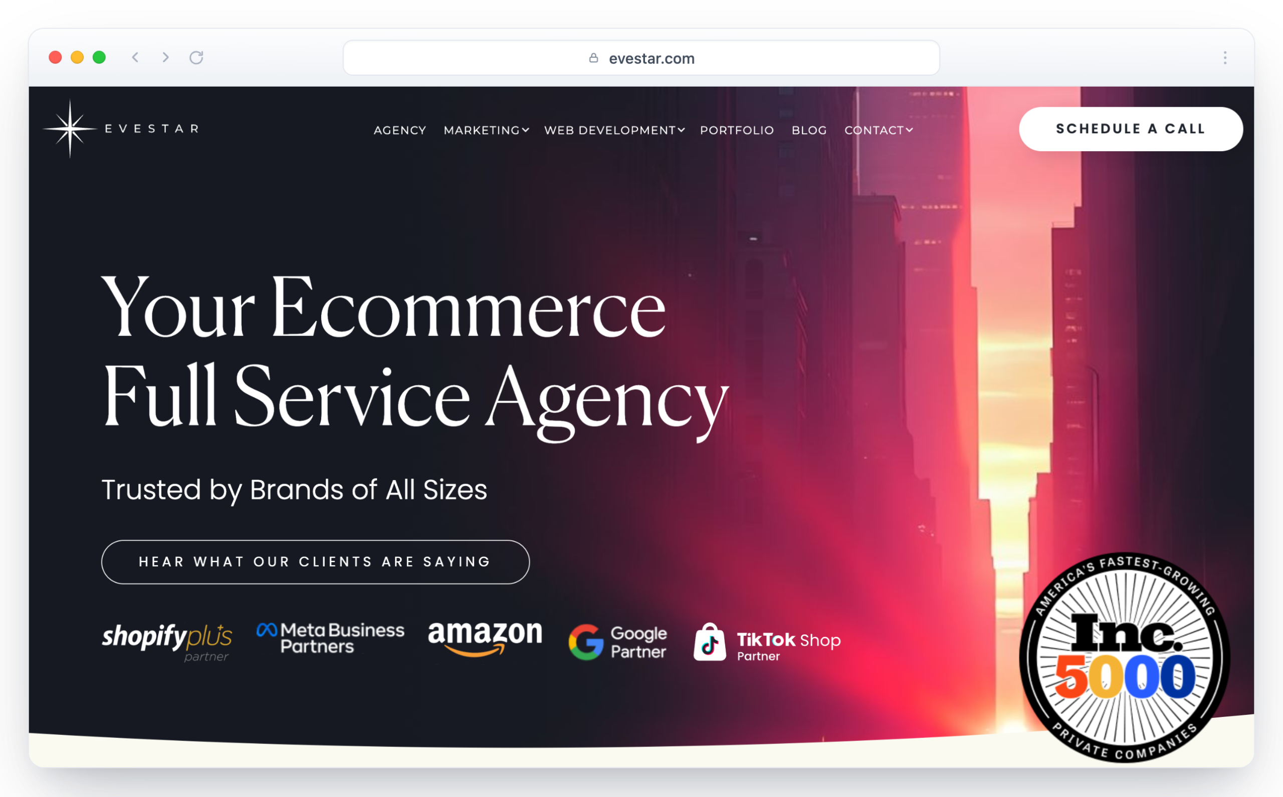 Evestar homepage in a browser window titled Your Ecommerce Full Service Agency with Shopify Plus, Meta, Amazon, Google, and TikTok partner badges