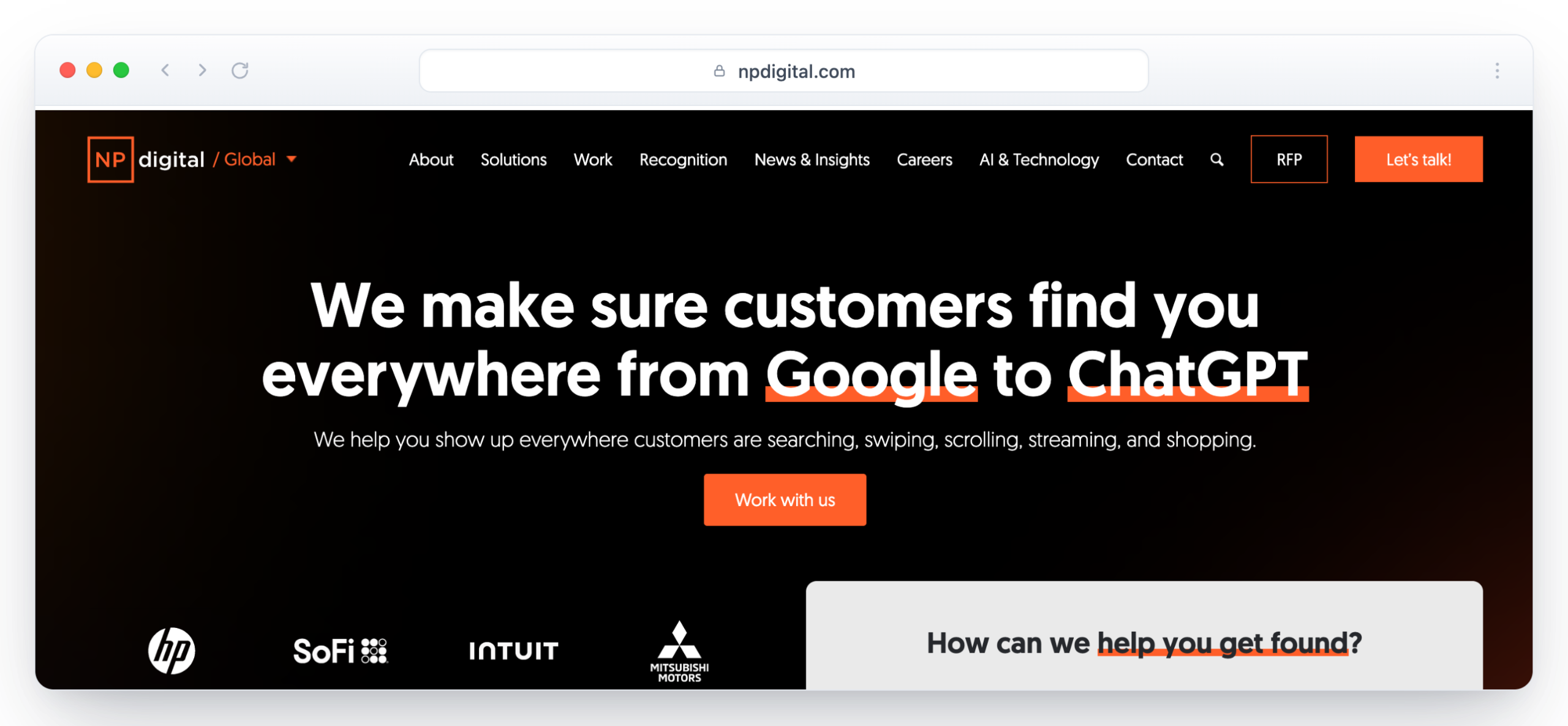NP Digital homepage in a browser window with the headline about helping customers find you everywhere from Google to ChatGPT