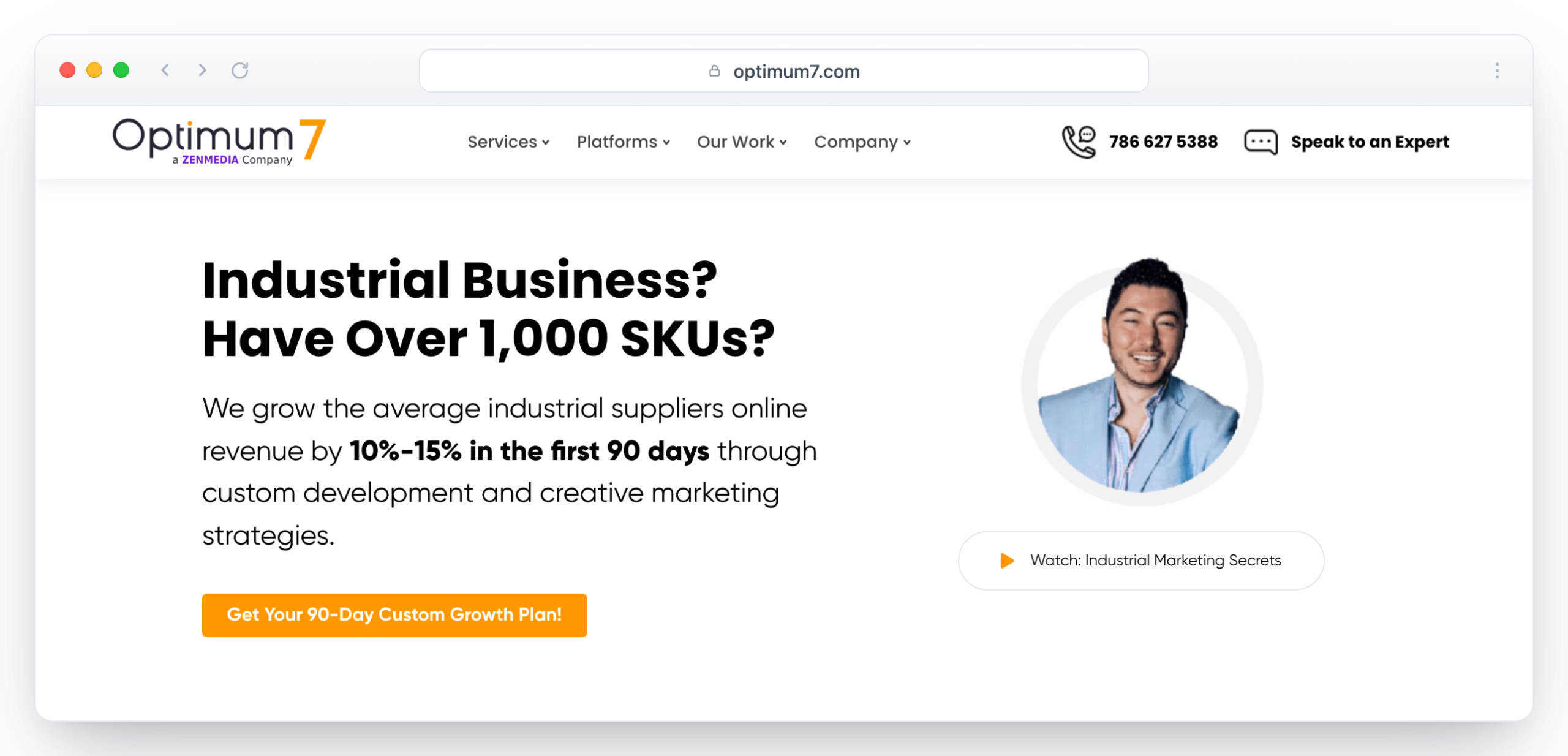 Optimum7 homepage shown in a browser window, headline offering a 90-day custom growth plan for industrial and ecommerce brands