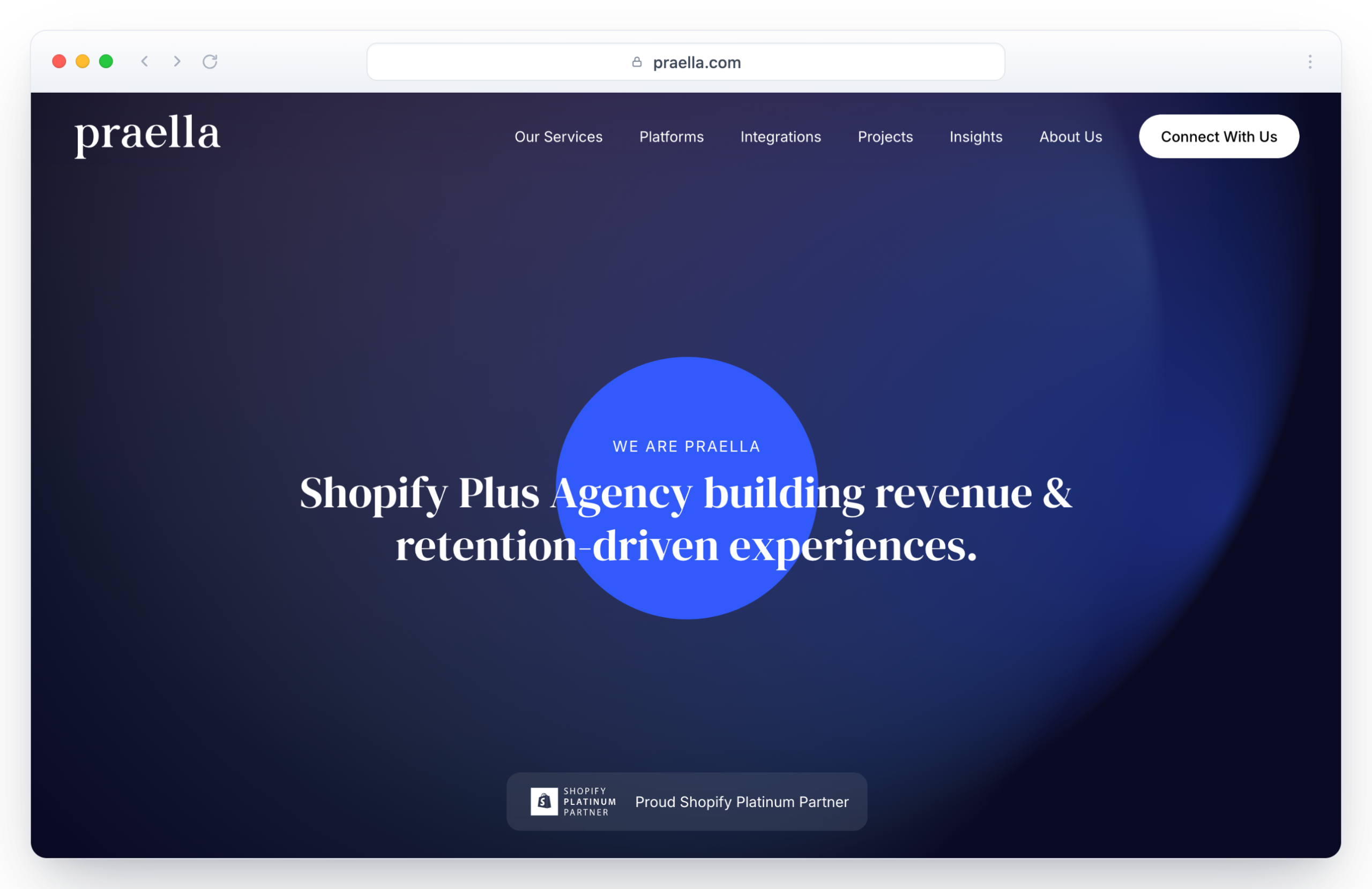 Praella homepage in a browser window describing it as a Shopify Plus agency building revenue and retention-driven experiences, with a Shopify Platinum Partner badge