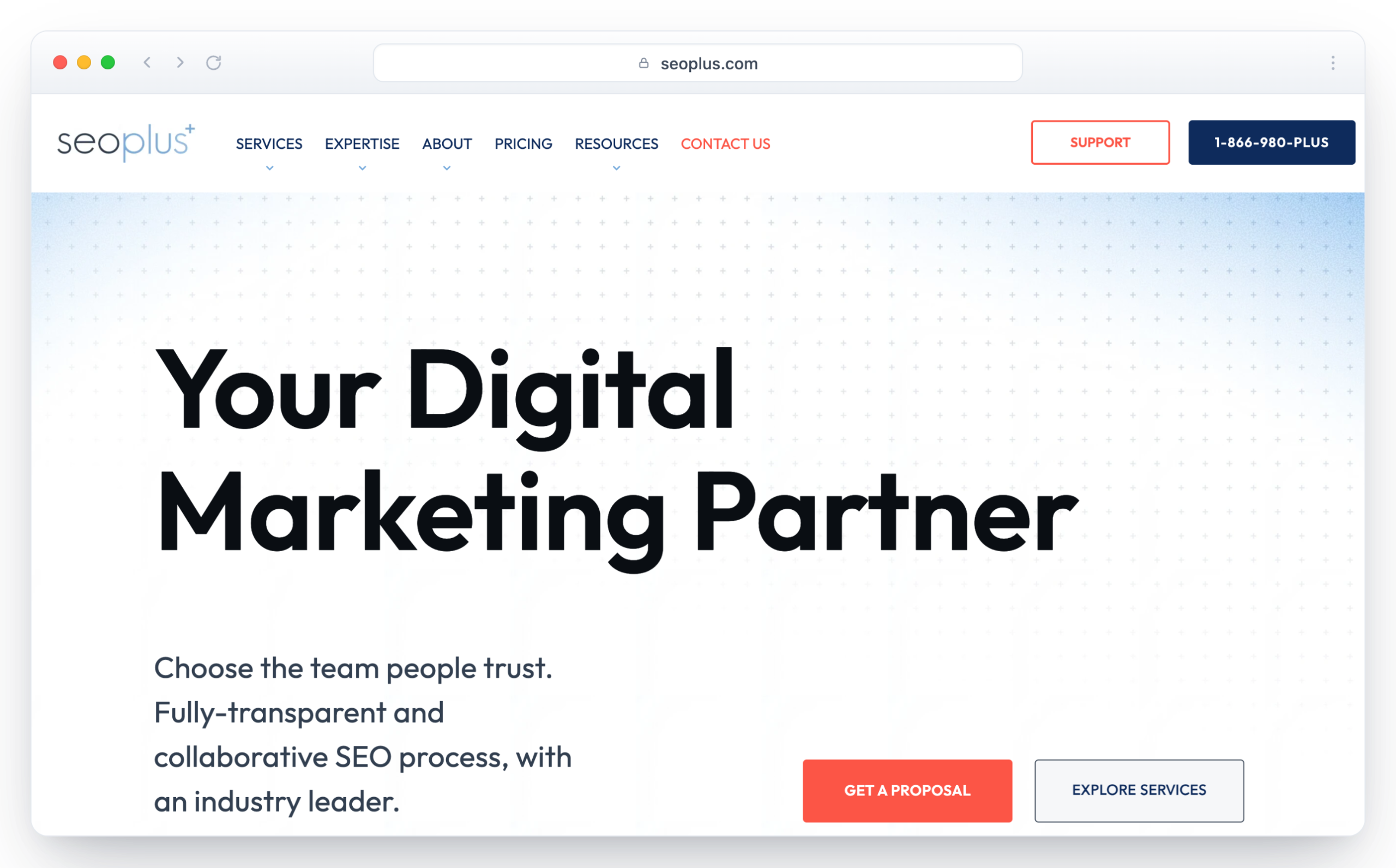 seoplus+ homepage in a browser window with the headline Your Digital Marketing Partner