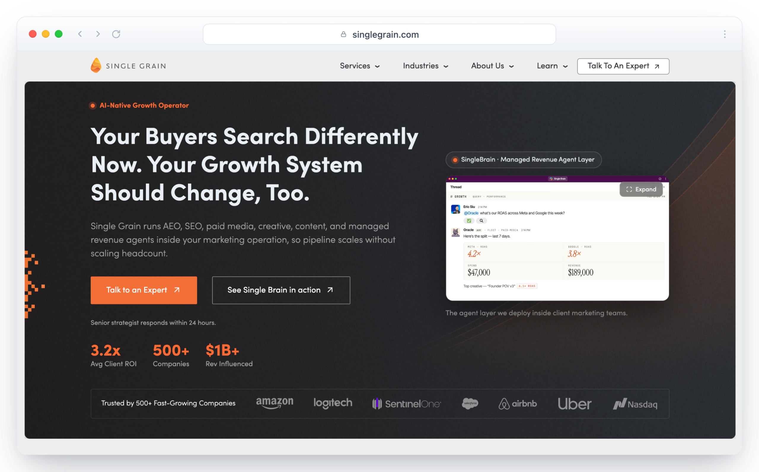 Single Grain homepage in a browser window highlighting AI-native growth and 3.2x average client ROI