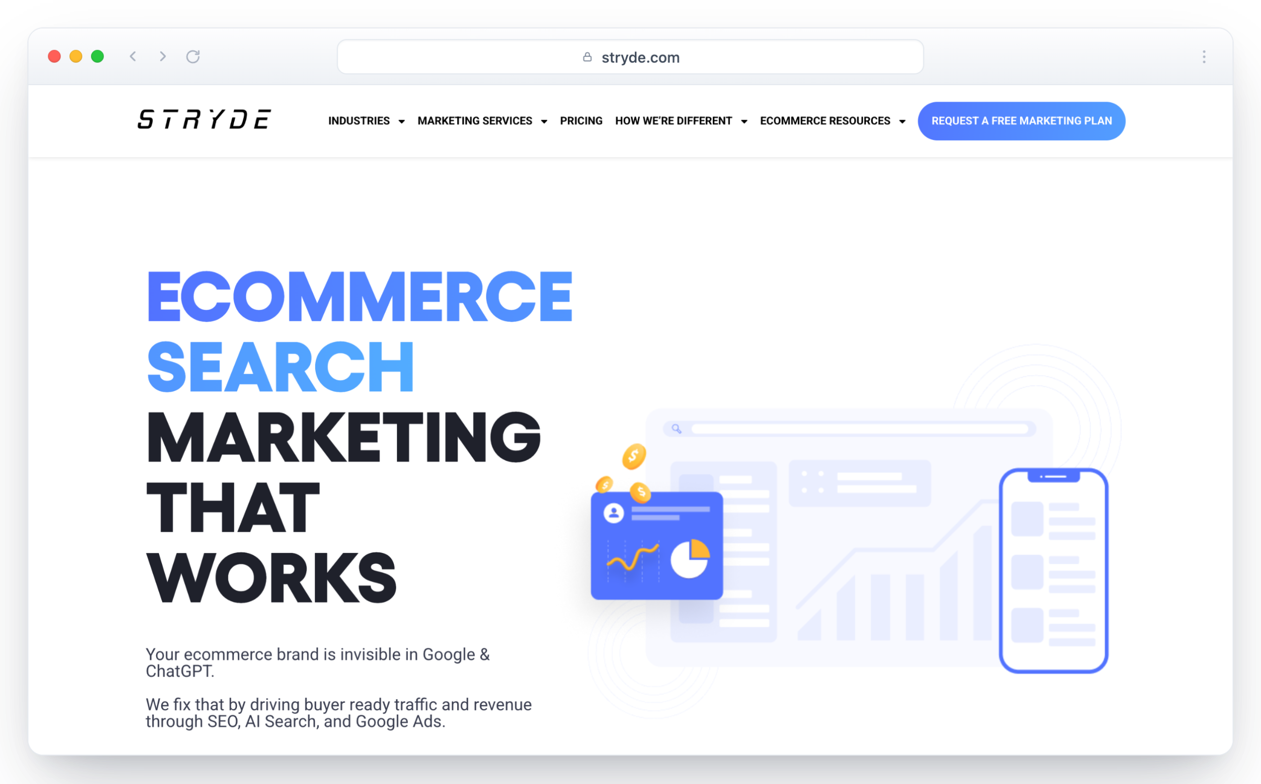 Stryde homepage in a browser window with the headline Ecommerce Search Marketing That Works