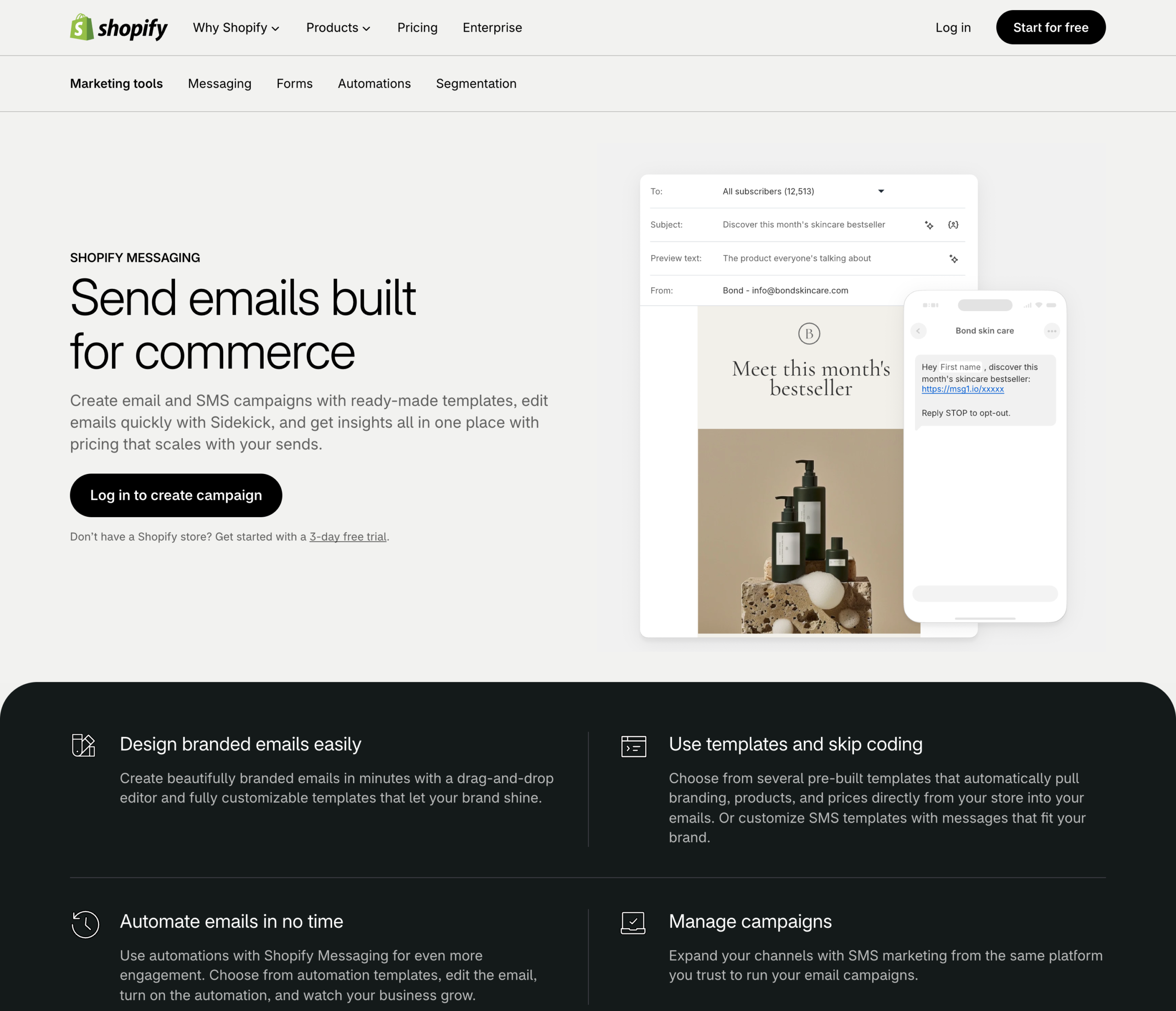 An email and SMS campaign builder used to send abandoned-cart recovery messages, showing the subscriber list, subject line, and email and text previews