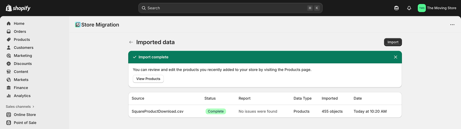 Shopify admin running the Store Migration app, showing a completed CSV import of 455 products with no issues found