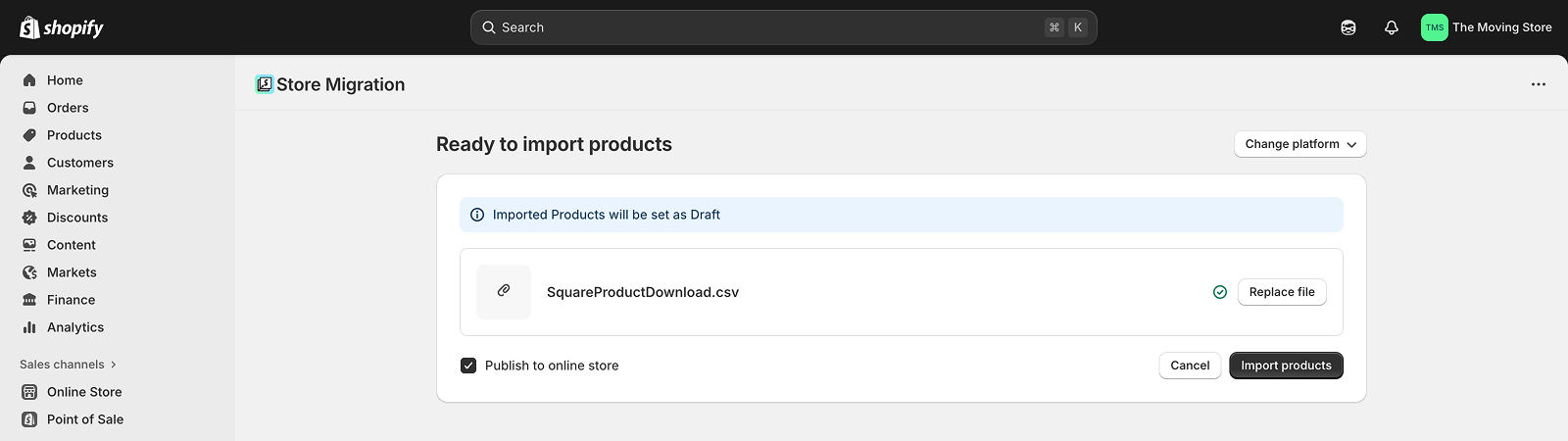 Shopify admin with the Store Migration app ready to import products, a staged CSV file and the import button visible