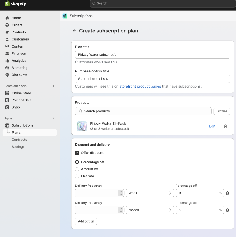 Shopify admin subscriptions screen with a subscription plan being created, showing plan title, delivery frequency, and discount settings